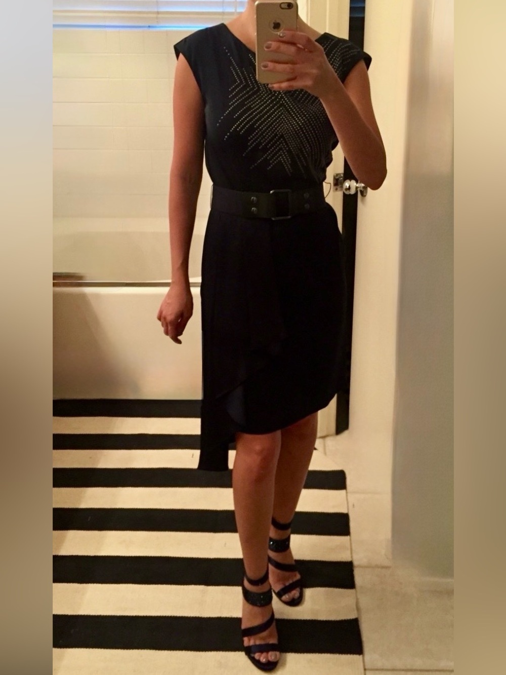 Quiet Luxury Navy Asymmetrical Sleeveless Studded Dress Size XS BCBG MaxAzria